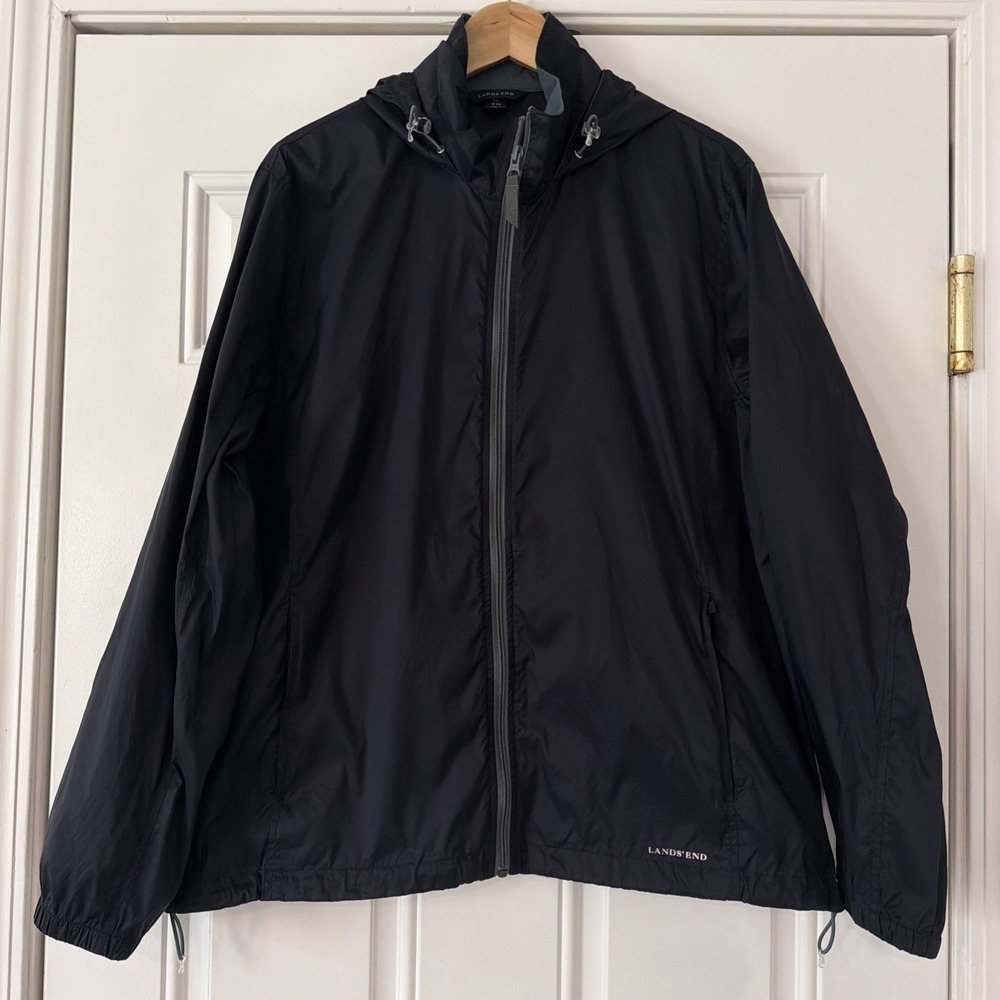 Lands End Women's XL 18-20, Dark Navy Windbreaker Light Blue-Gray Zipper, Hooded